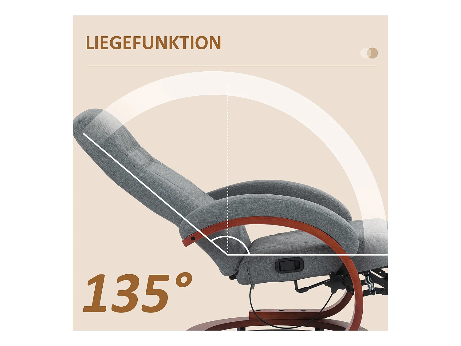 Draaibare relaxfauteuil met relaxfunctie, houten armleuningen, grijze linnen stof (86x68x100cm)