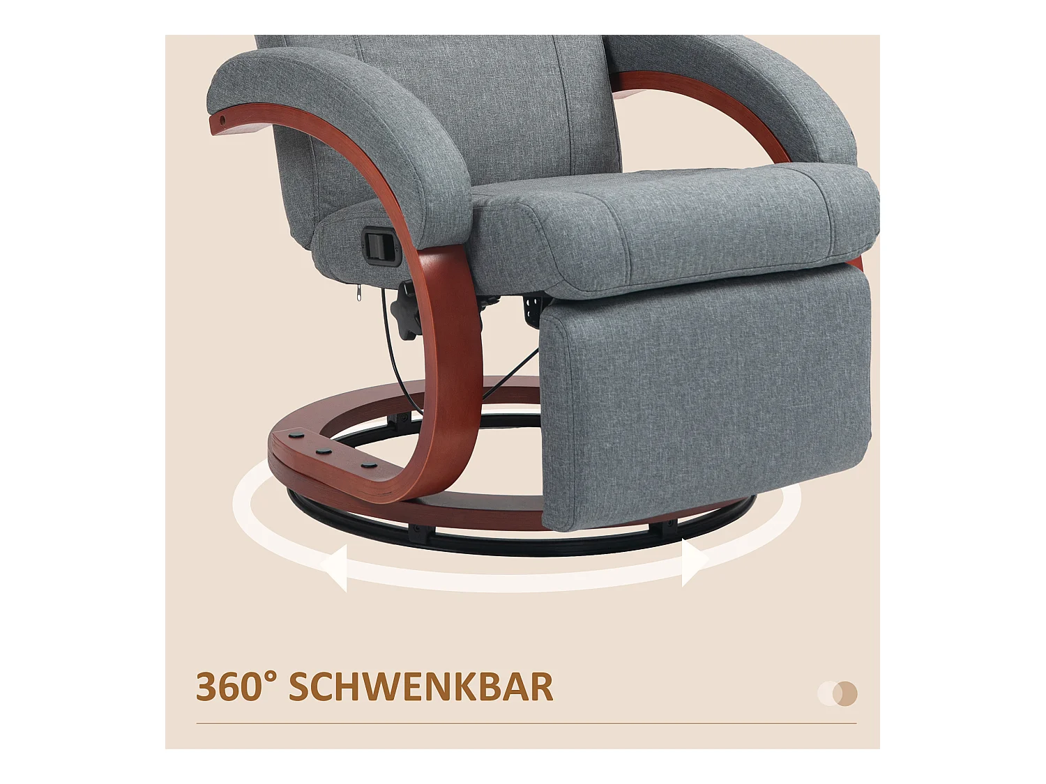 Draaibare relaxfauteuil met relaxfunctie, houten armleuningen, grijze linnen stof (86x68x100cm)