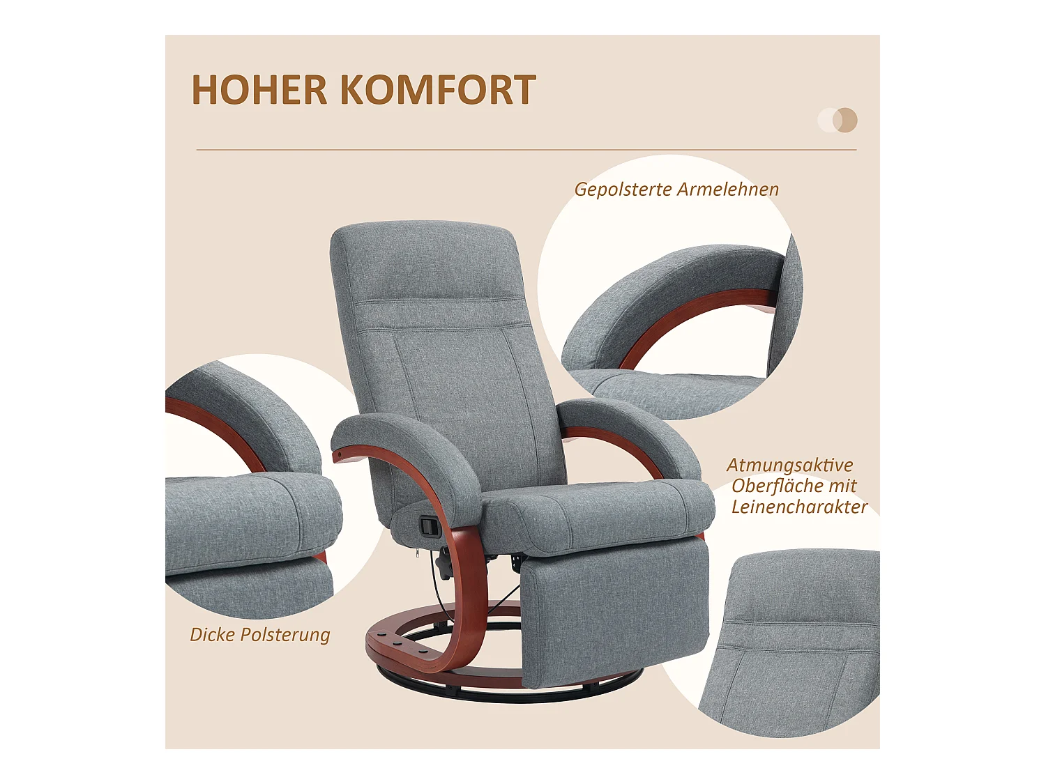 Draaibare relaxfauteuil met relaxfunctie, houten armleuningen, grijze linnen stof (86x68x100cm)