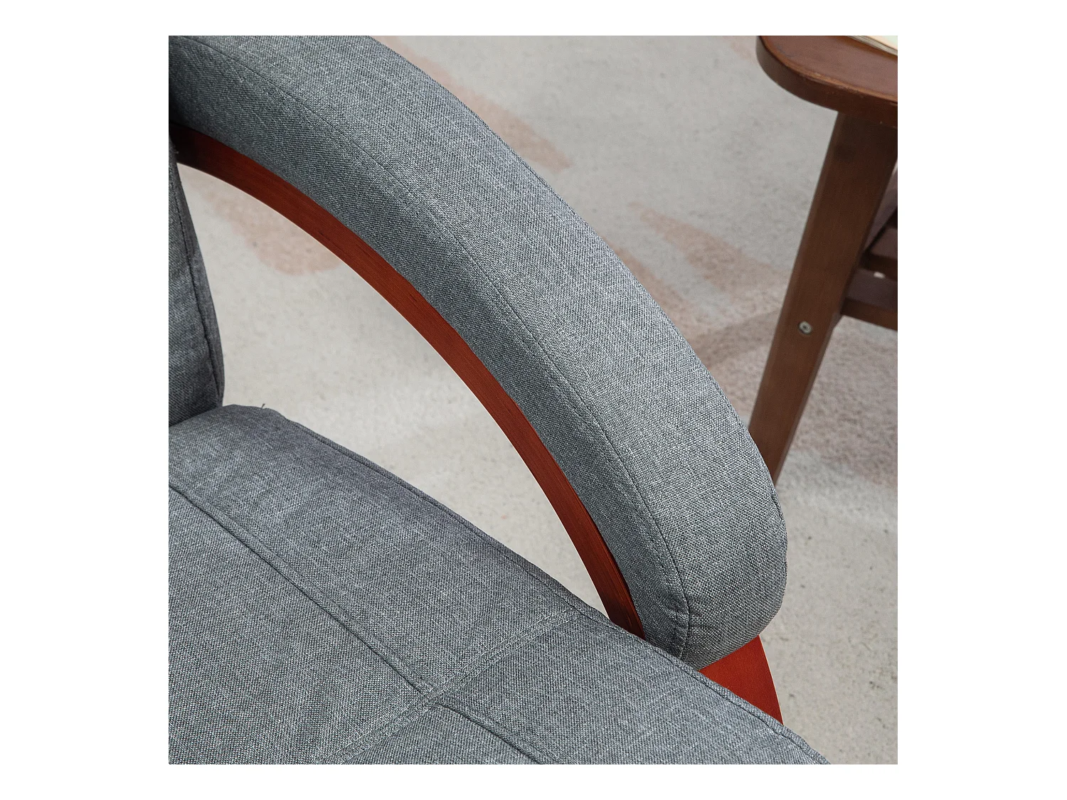 Draaibare relaxfauteuil met relaxfunctie, houten armleuningen, grijze linnen stof (86x68x100cm)