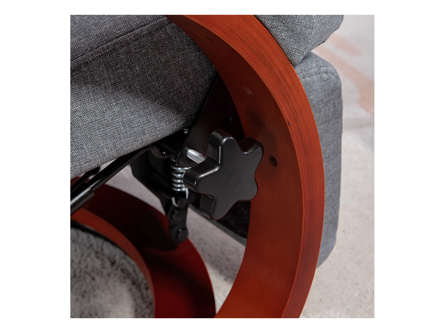 Draaibare relaxfauteuil met relaxfunctie, houten armleuningen, grijze linnen stof (86x68x100cm)