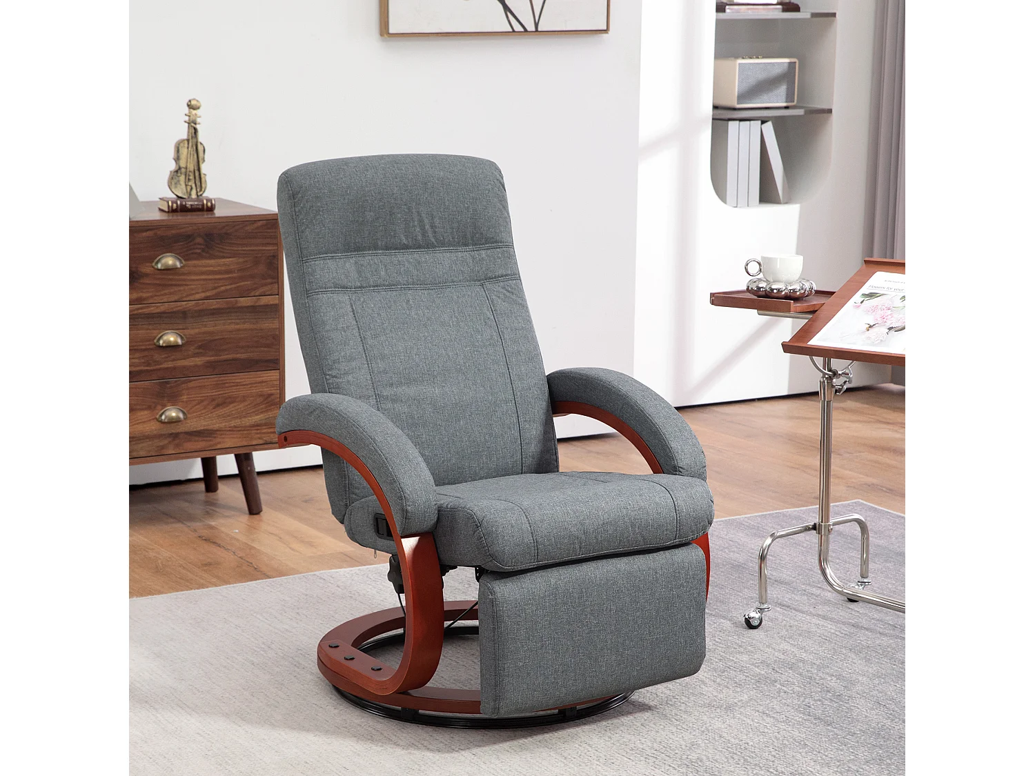 Draaibare relaxfauteuil met relaxfunctie, houten armleuningen, grijze linnen stof (86x68x100cm)
