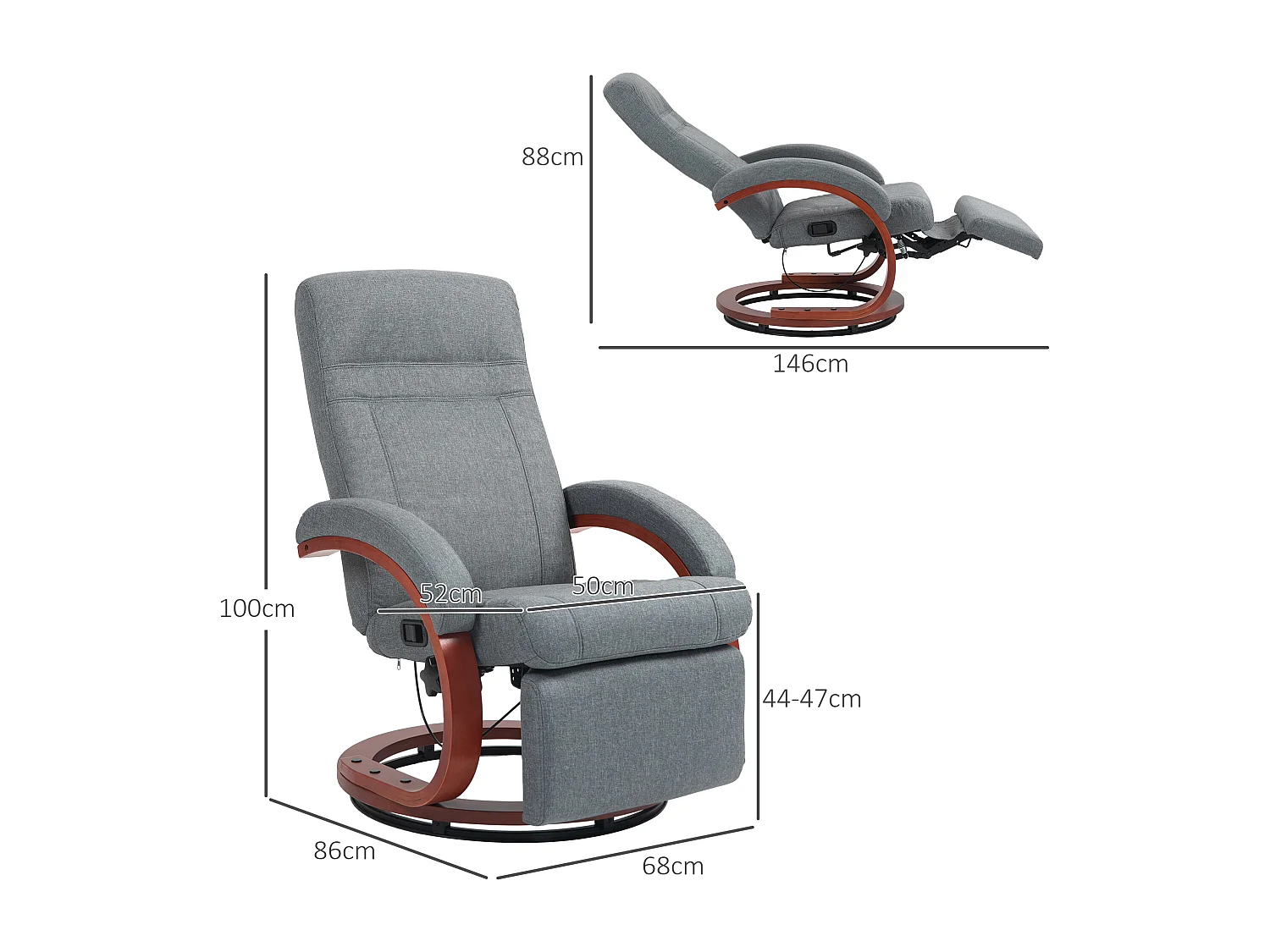 Draaibare relaxfauteuil met relaxfunctie, houten armleuningen, grijze linnen stof (86x68x100cm)