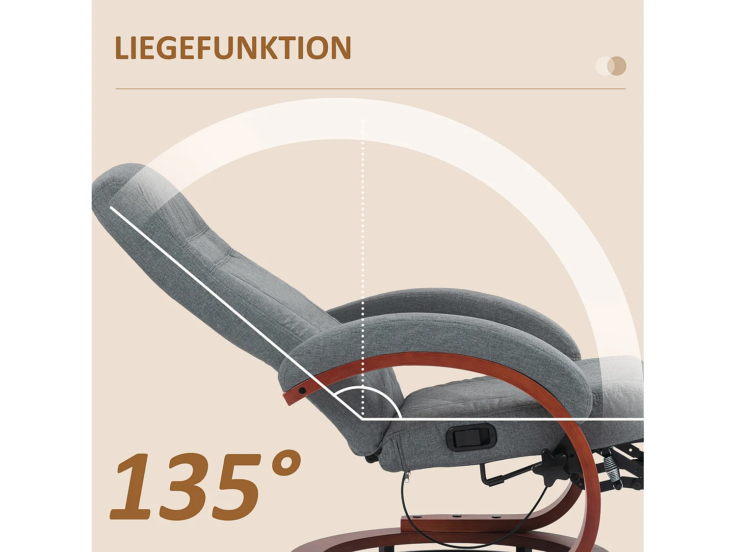 Draaibare relaxfauteuil met relaxfunctie, houten armleuningen, grijze linnen stof (86x68x100cm)