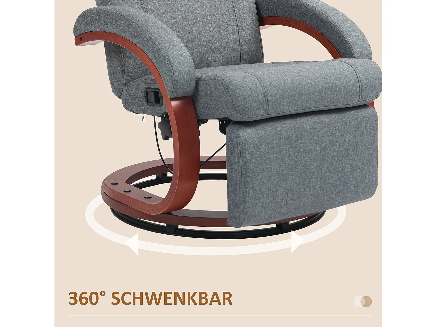 Draaibare relaxfauteuil met relaxfunctie, houten armleuningen, grijze linnen stof (86x68x100cm)