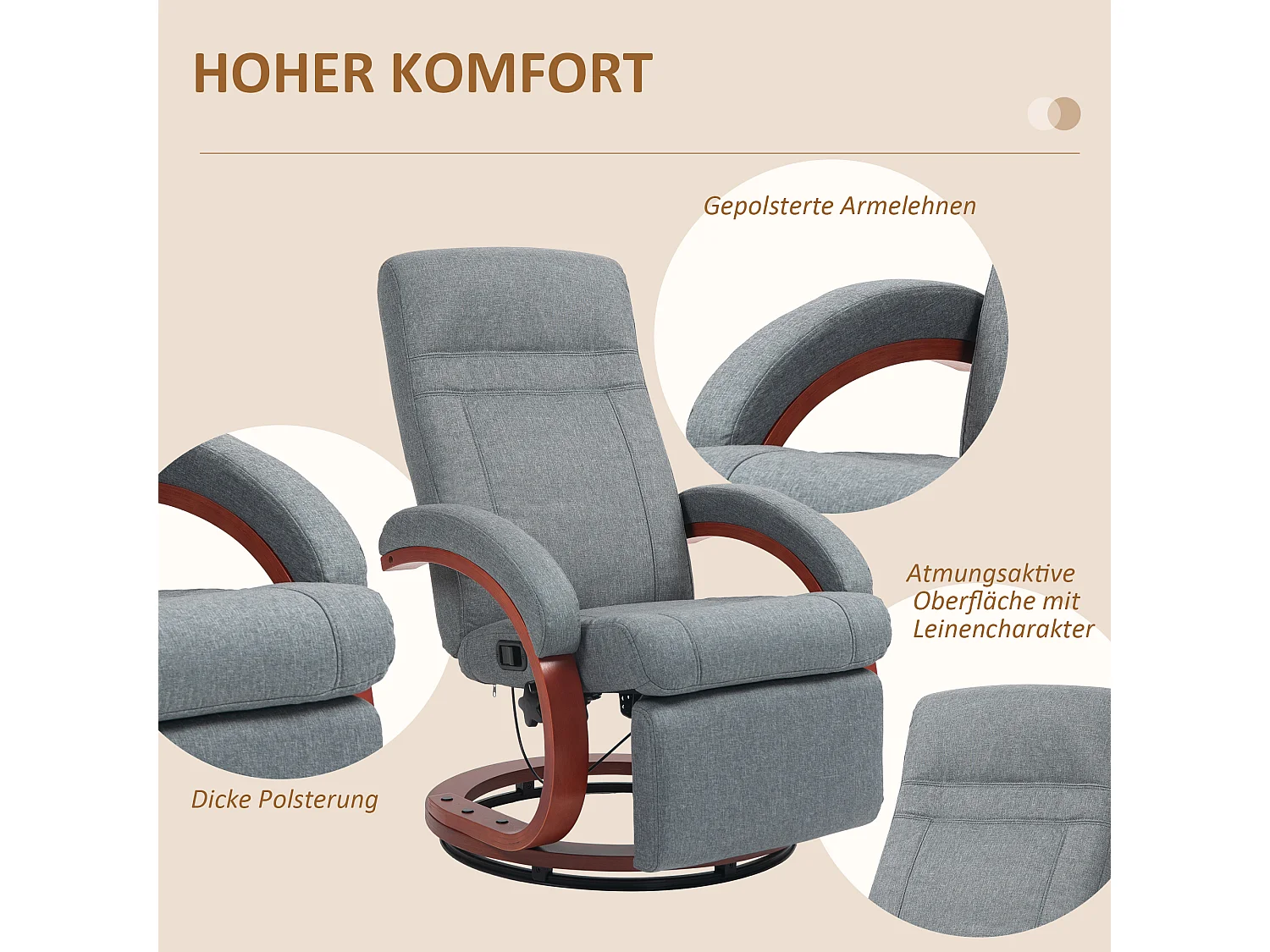 Draaibare relaxfauteuil met relaxfunctie, houten armleuningen, grijze linnen stof (86x68x100cm)