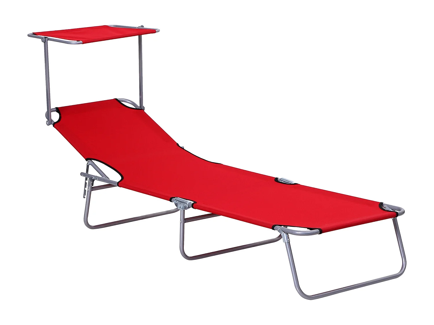 Chaise longue pliable avec toit pare-soleil, en métal et tissu Oxford, rouge (187x58x36 cm)