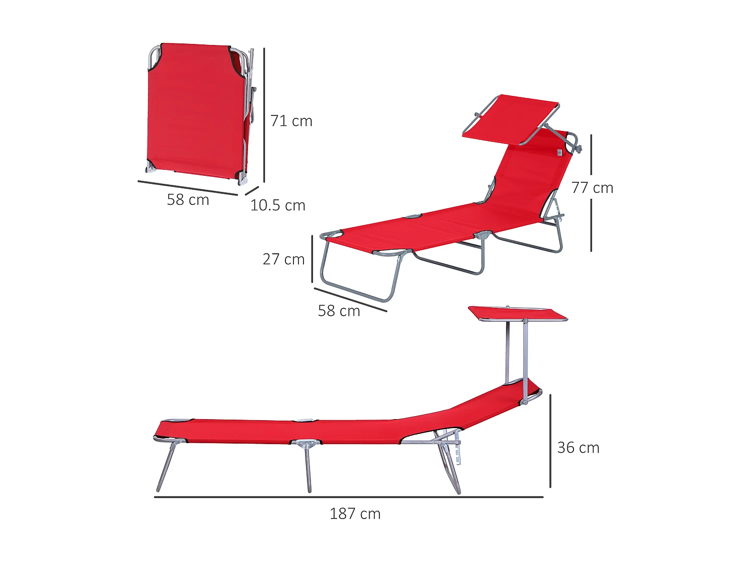 Chaise longue pliable avec toit pare-soleil, en métal et tissu Oxford, rouge (187x58x36 cm)