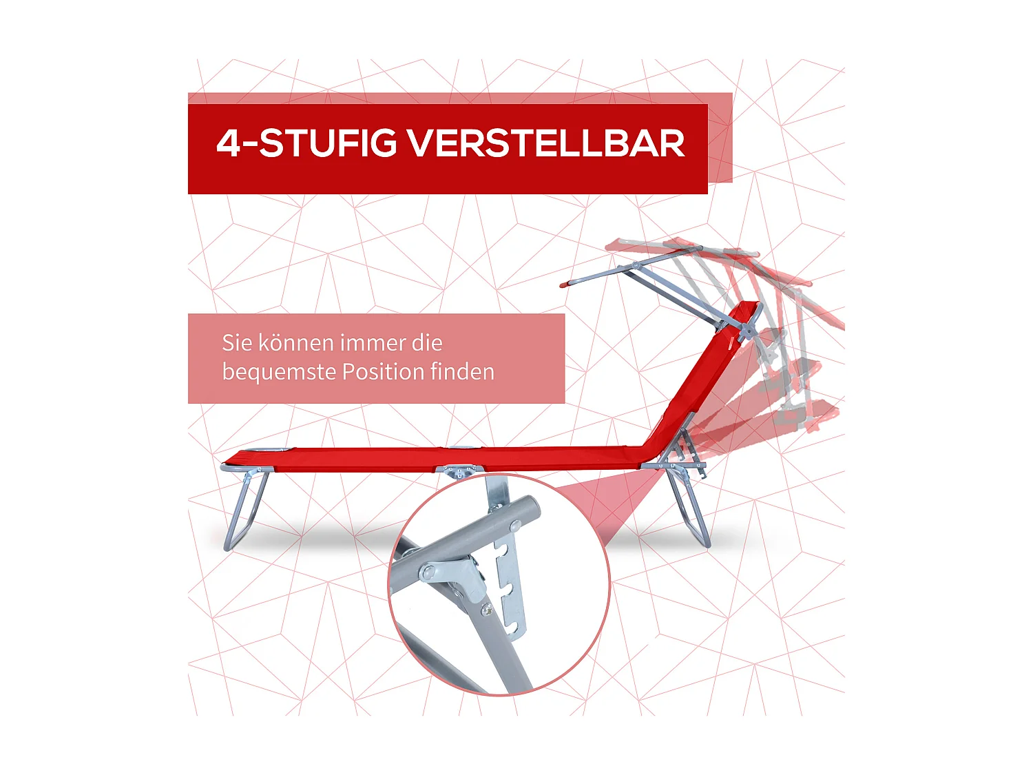 Chaise longue pliable avec toit pare-soleil, en métal et tissu Oxford, rouge (187x58x36 cm)