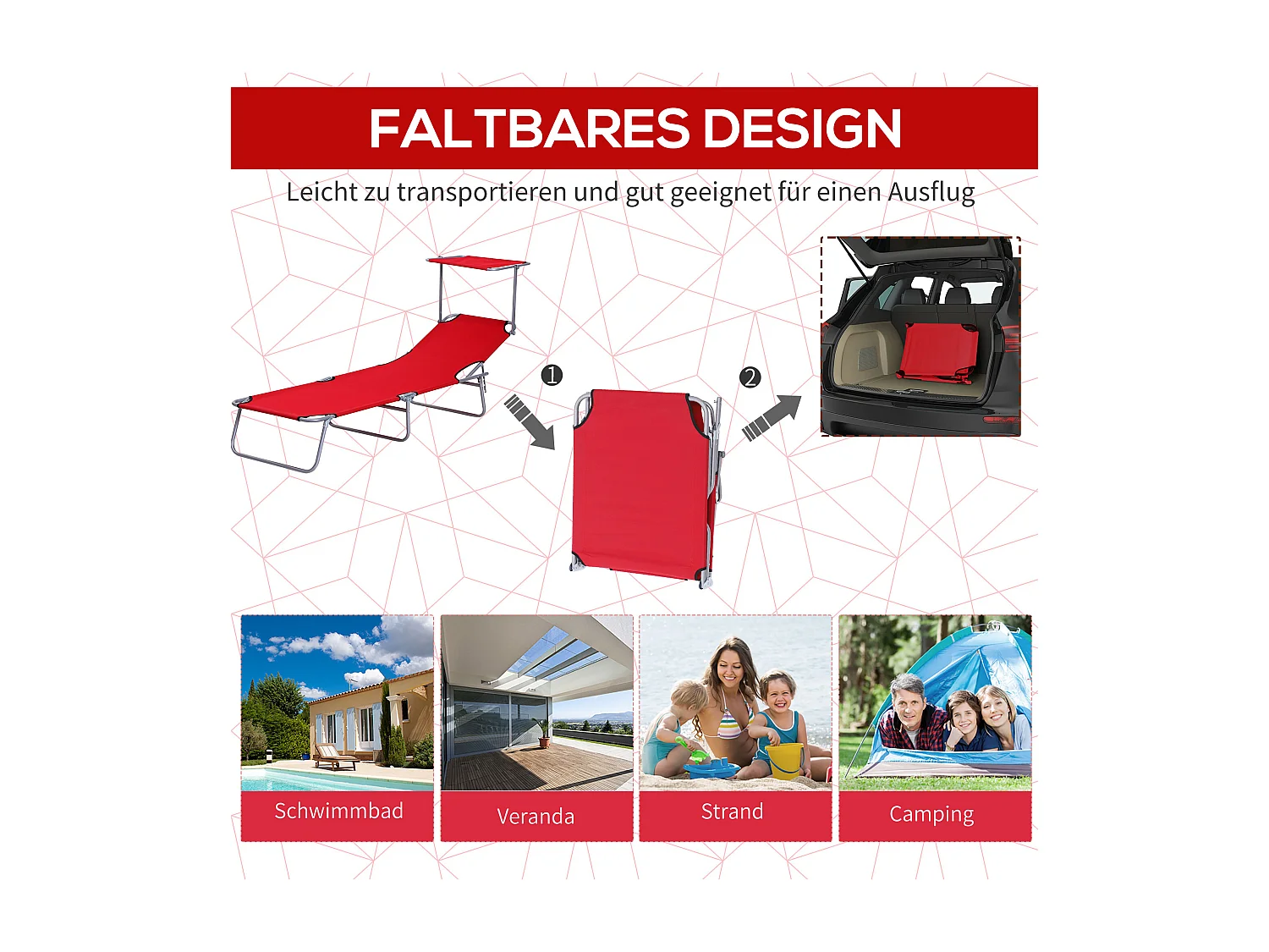Chaise longue pliable avec toit pare-soleil, en métal et tissu Oxford, rouge (187x58x36 cm)