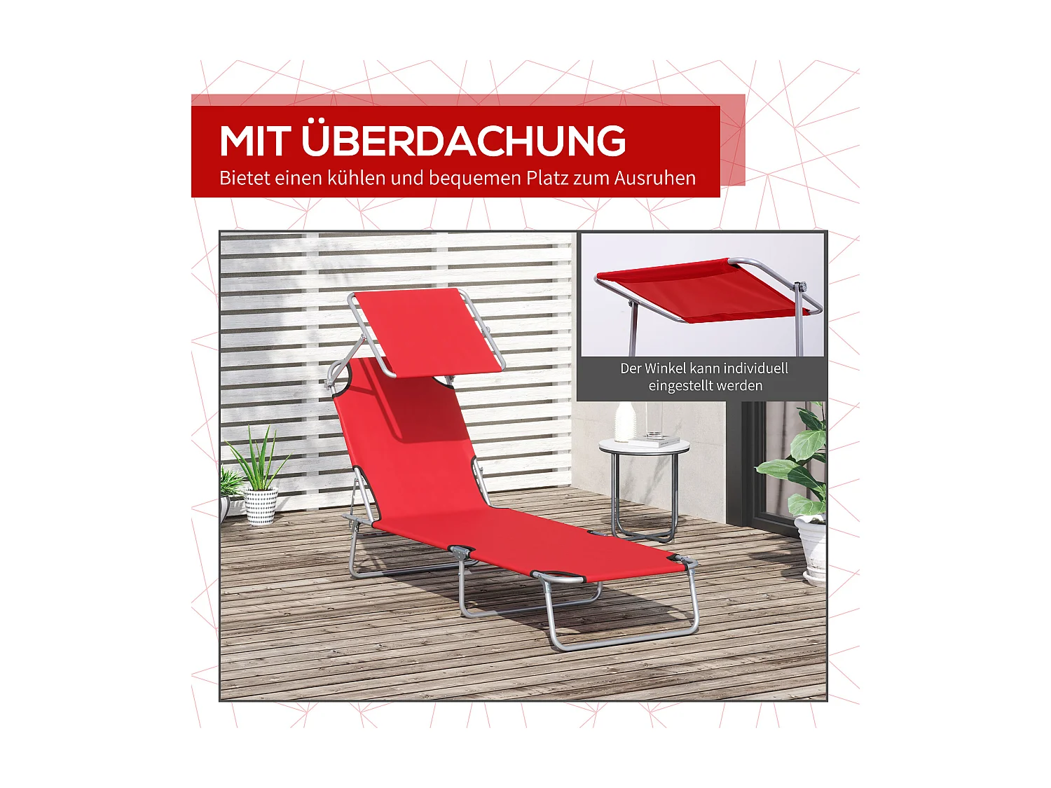 Chaise longue pliable avec toit pare-soleil, en métal et tissu Oxford, rouge (187x58x36 cm)