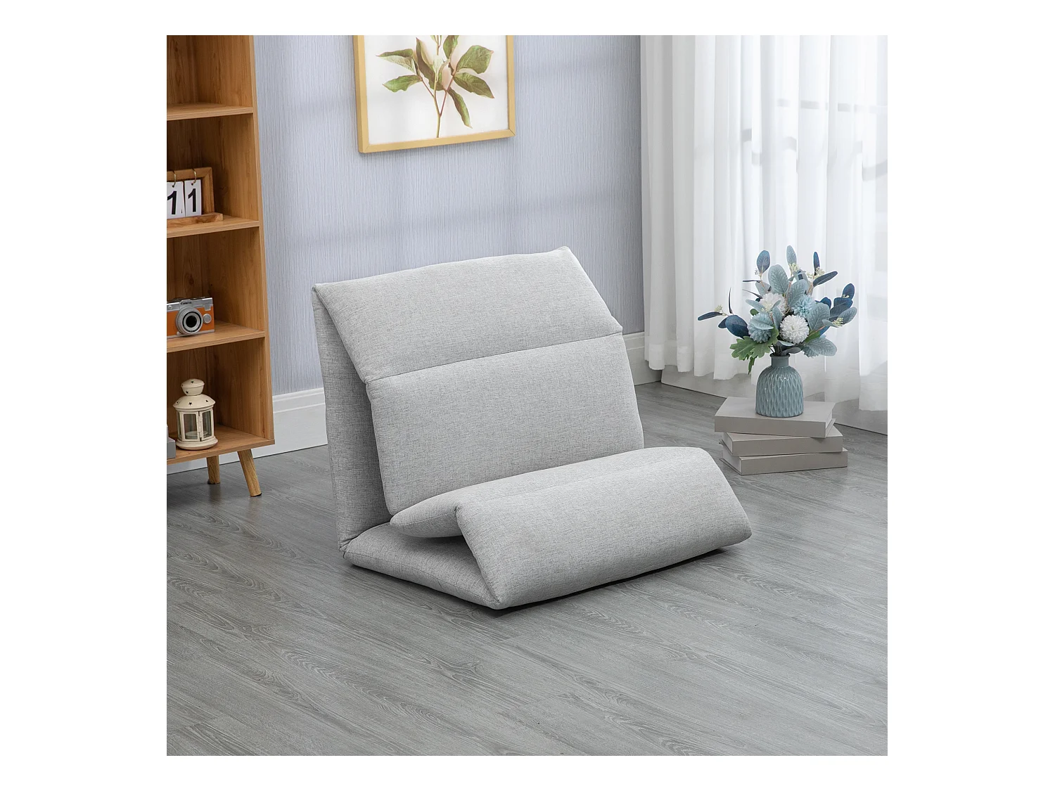 Fauteuil au sol avec dossier réglable, fonction lit, tissu en polyester, gris (72x71x60 cm)