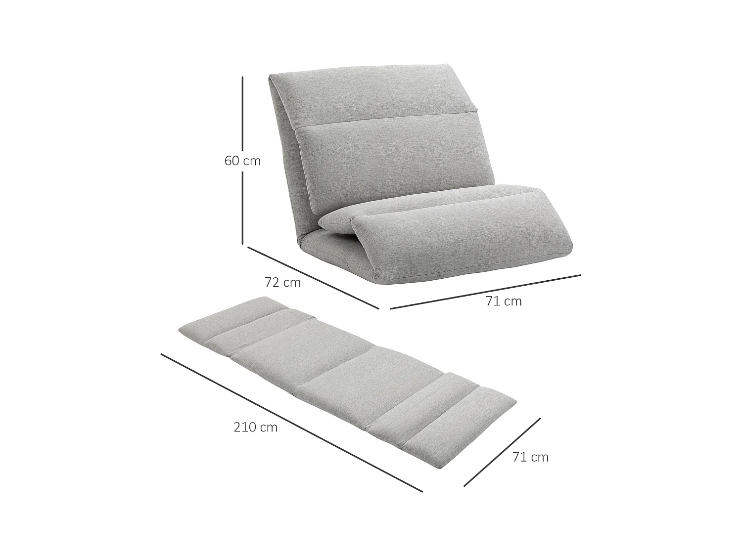 Fauteuil au sol avec dossier réglable, fonction lit, tissu en polyester, gris (72x71x60 cm)
