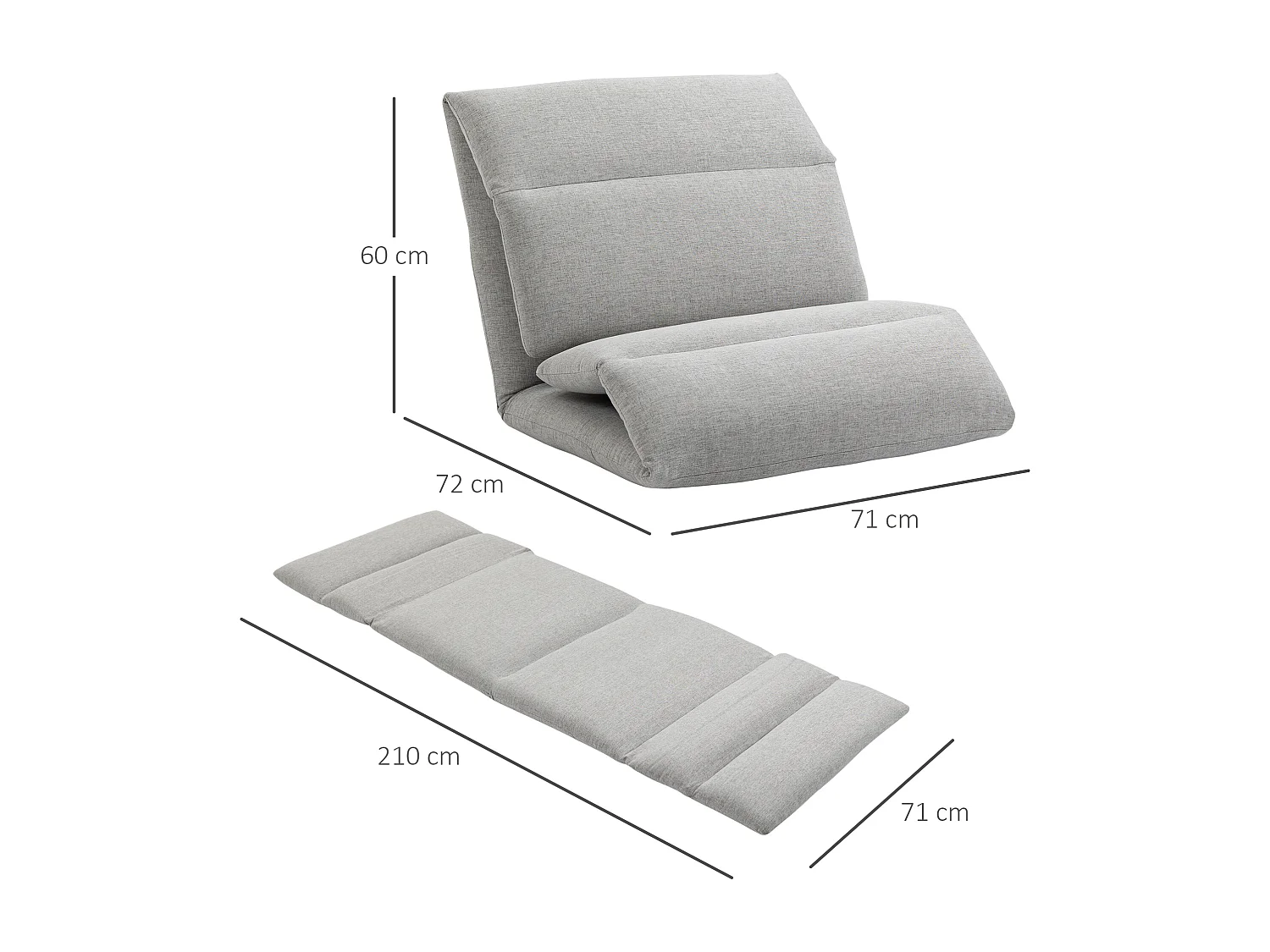 Fauteuil au sol avec dossier réglable, fonction lit, tissu en polyester, gris (72x71x60 cm)