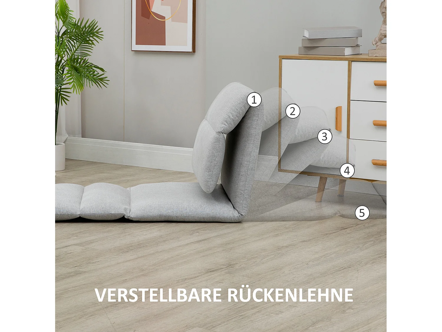 Fauteuil au sol avec dossier réglable, fonction lit, tissu en polyester, gris (72x71x60 cm)