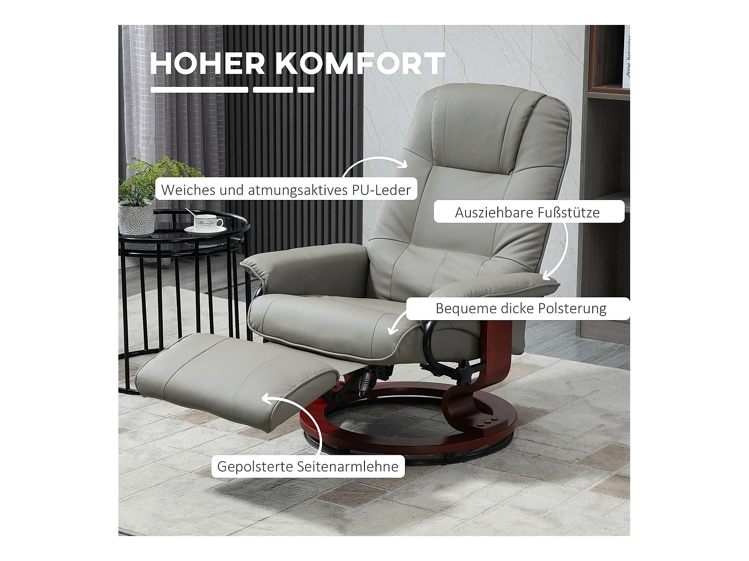 Fauteuil avec fonction inclinable, Cuir synthétique, 120 kg, Gris (78x87x100 cm)