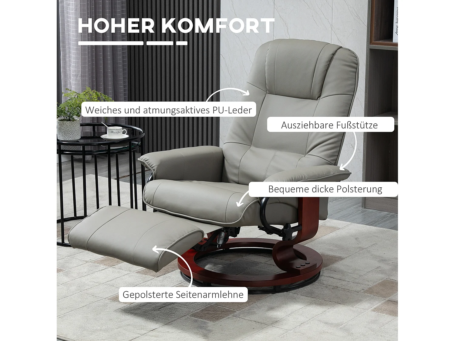 Fauteuil avec fonction inclinable, Cuir synthétique, 120 kg, Gris (78x87x100 cm)