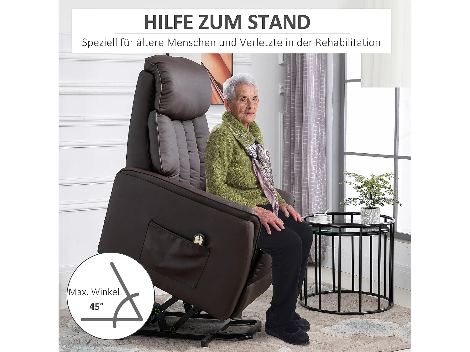 Fauteuil électrique avec fonction de levage, Relax, Cuir synthétique, Marron (80x94x104 cm)