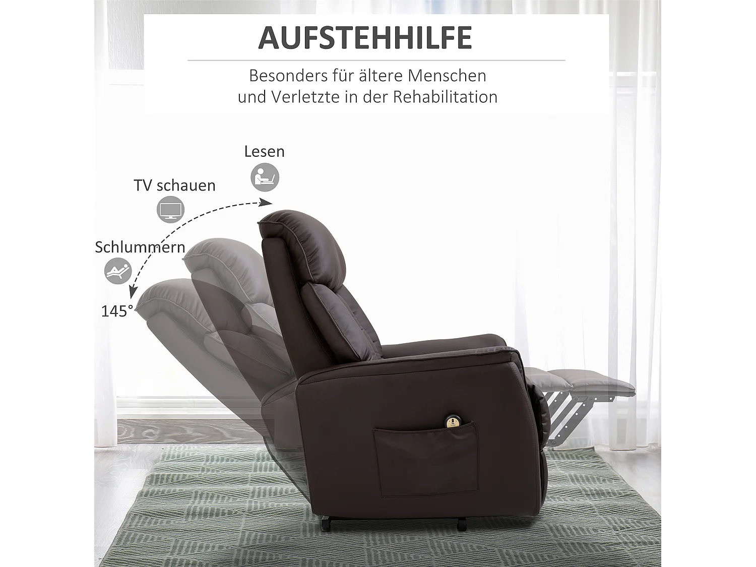 Fauteuil électrique avec fonction de levage, Relax, Cuir synthétique, Marron (80x94x104 cm)