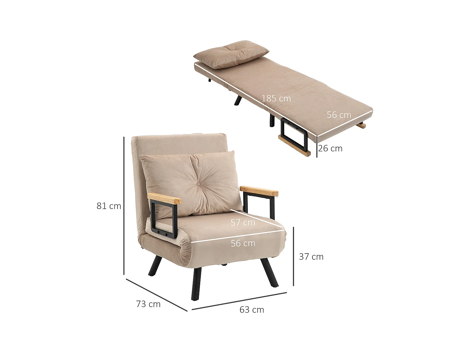 Canapé-lit convertible, 2 places, dossier réglable, Velours, Beige (63x73x81 cm)