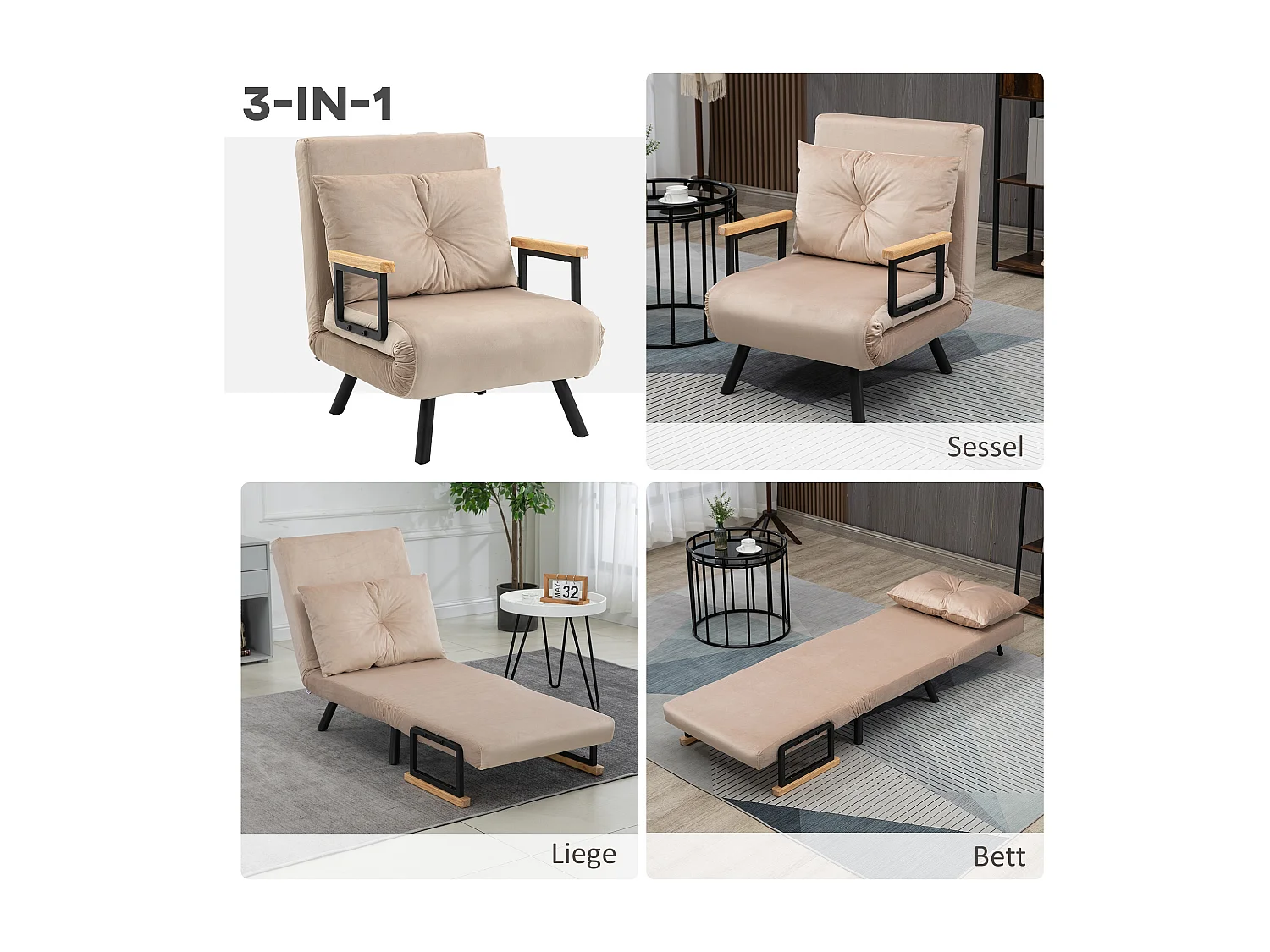 Canapé-lit convertible, 2 places, dossier réglable, Velours, Beige (63x73x81 cm)