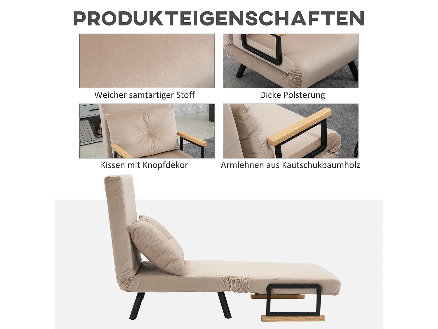 Canapé-lit convertible, 2 places, dossier réglable, Velours, Beige (63x73x81 cm)