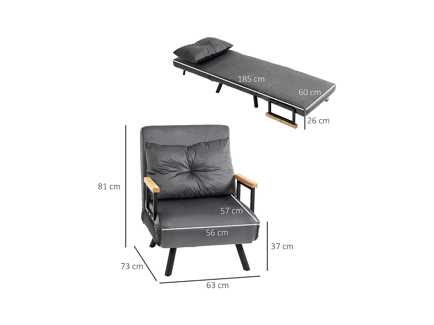 Fauteuil avec fonction lit, tissu velours, gris foncé (63x73x81cm)