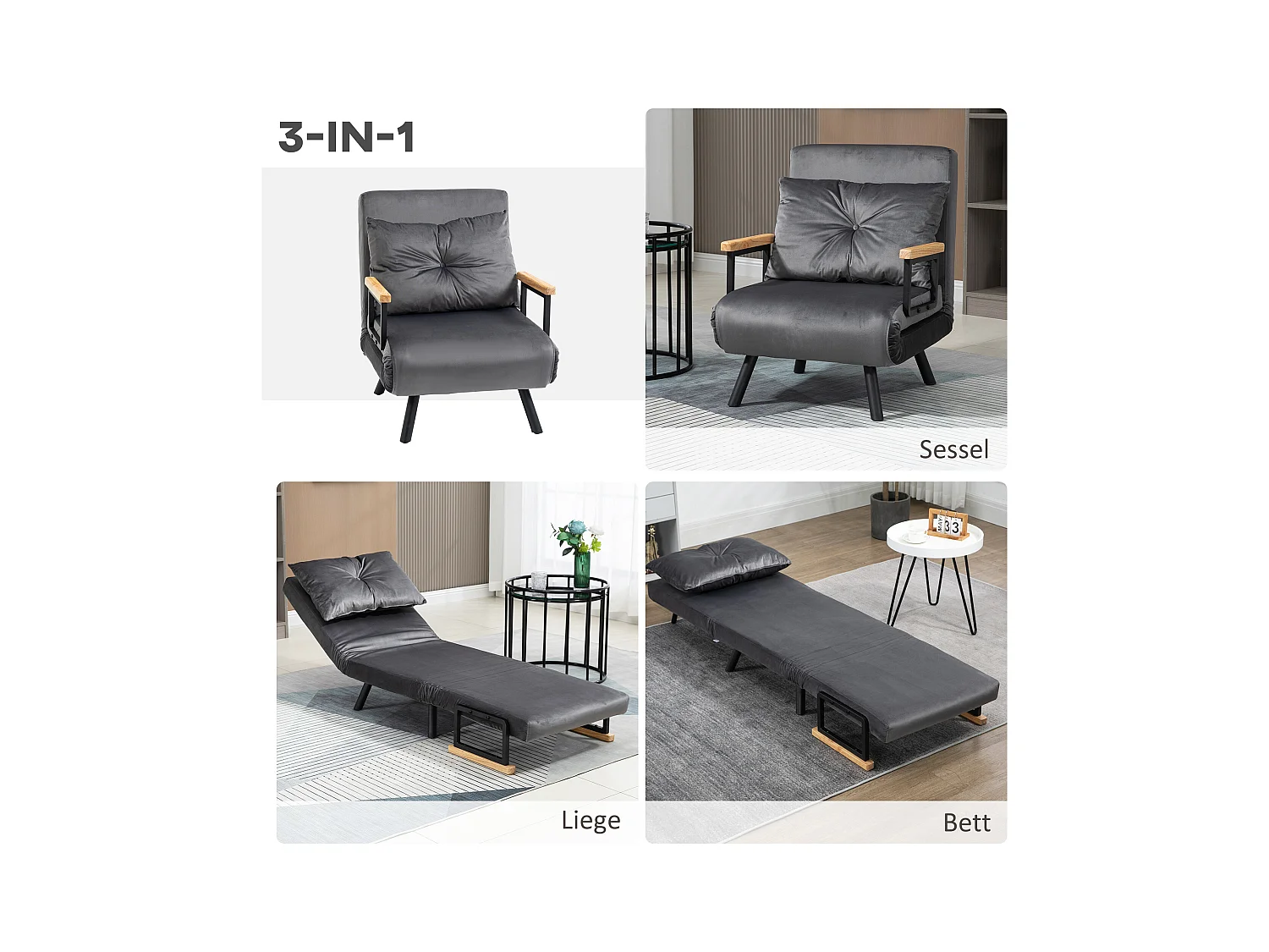 Fauteuil avec fonction lit, tissu velours, gris foncé (63x73x81cm)