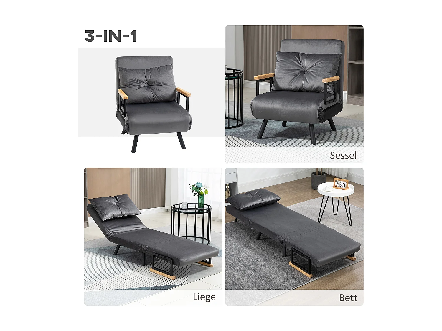 Fauteuil avec fonction lit, tissu velours, gris foncé (63x73x81cm)