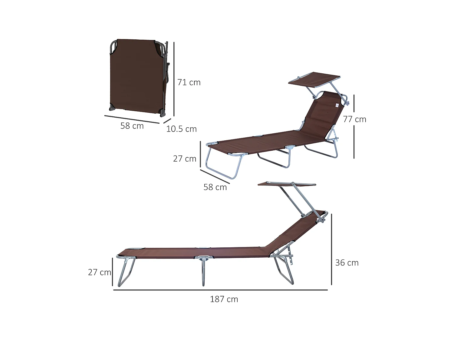 Chaise longue pliante avec pare-soleil réglable, structure métal, tissu Oxford, marron (187x58x36cm)