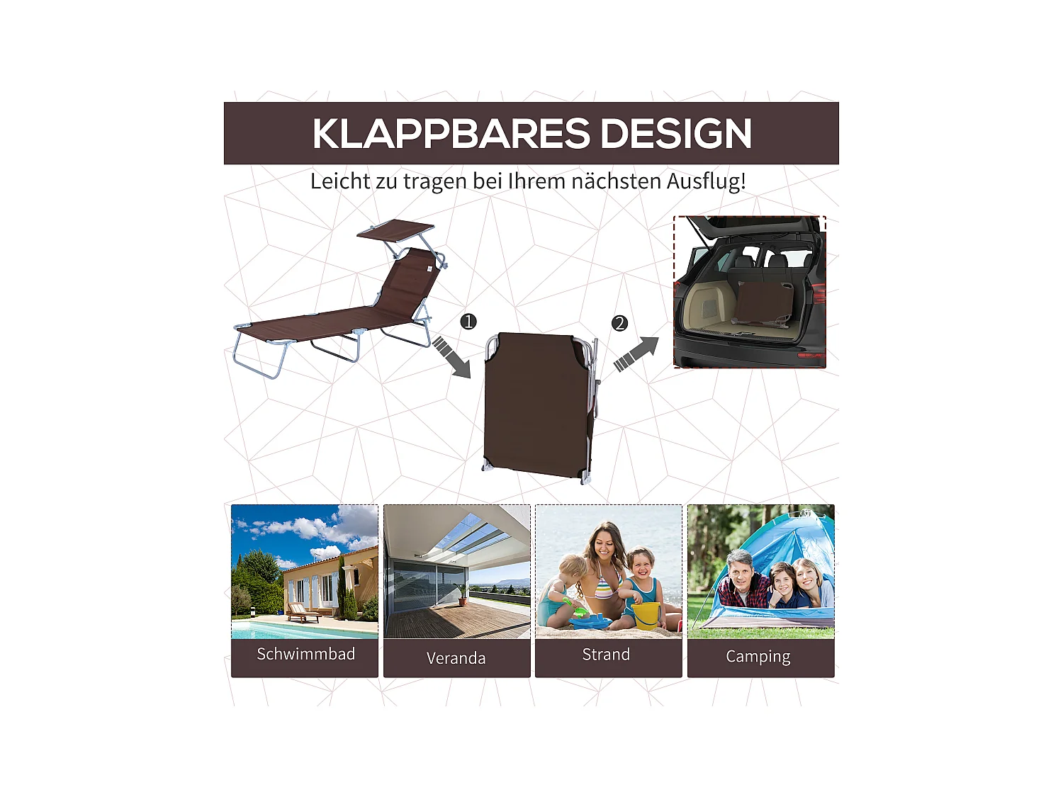 Chaise longue pliante avec pare-soleil réglable, structure métal, tissu Oxford, marron (187x58x36cm)