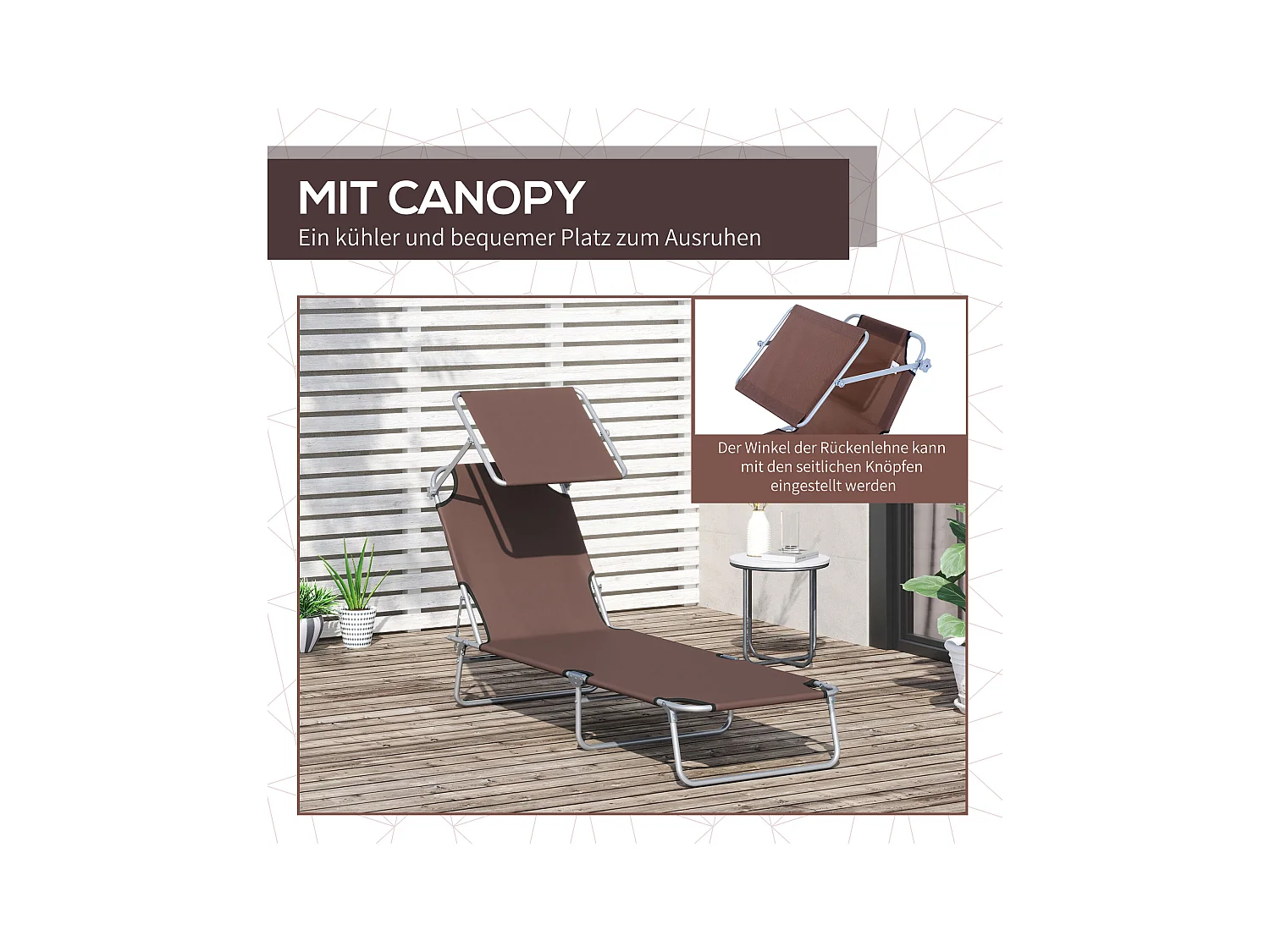 Chaise longue pliante avec pare-soleil réglable, structure métal, tissu Oxford, marron (187x58x36cm)