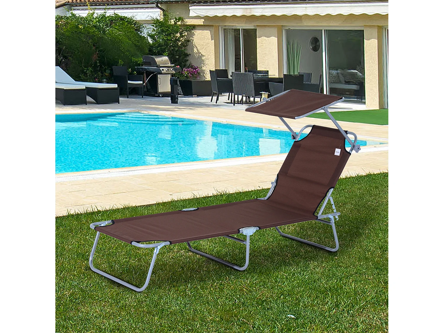 Chaise longue pliante avec pare-soleil réglable, structure métal, tissu Oxford, marron (187x58x36cm)