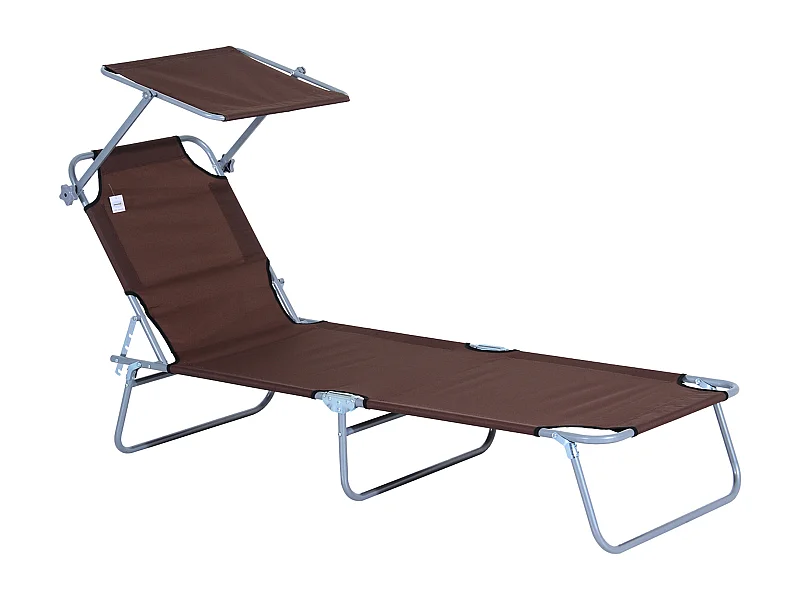 Chaise longue pliante avec pare-soleil réglable, structure métal, tissu Oxford, marron (187x58x36cm)