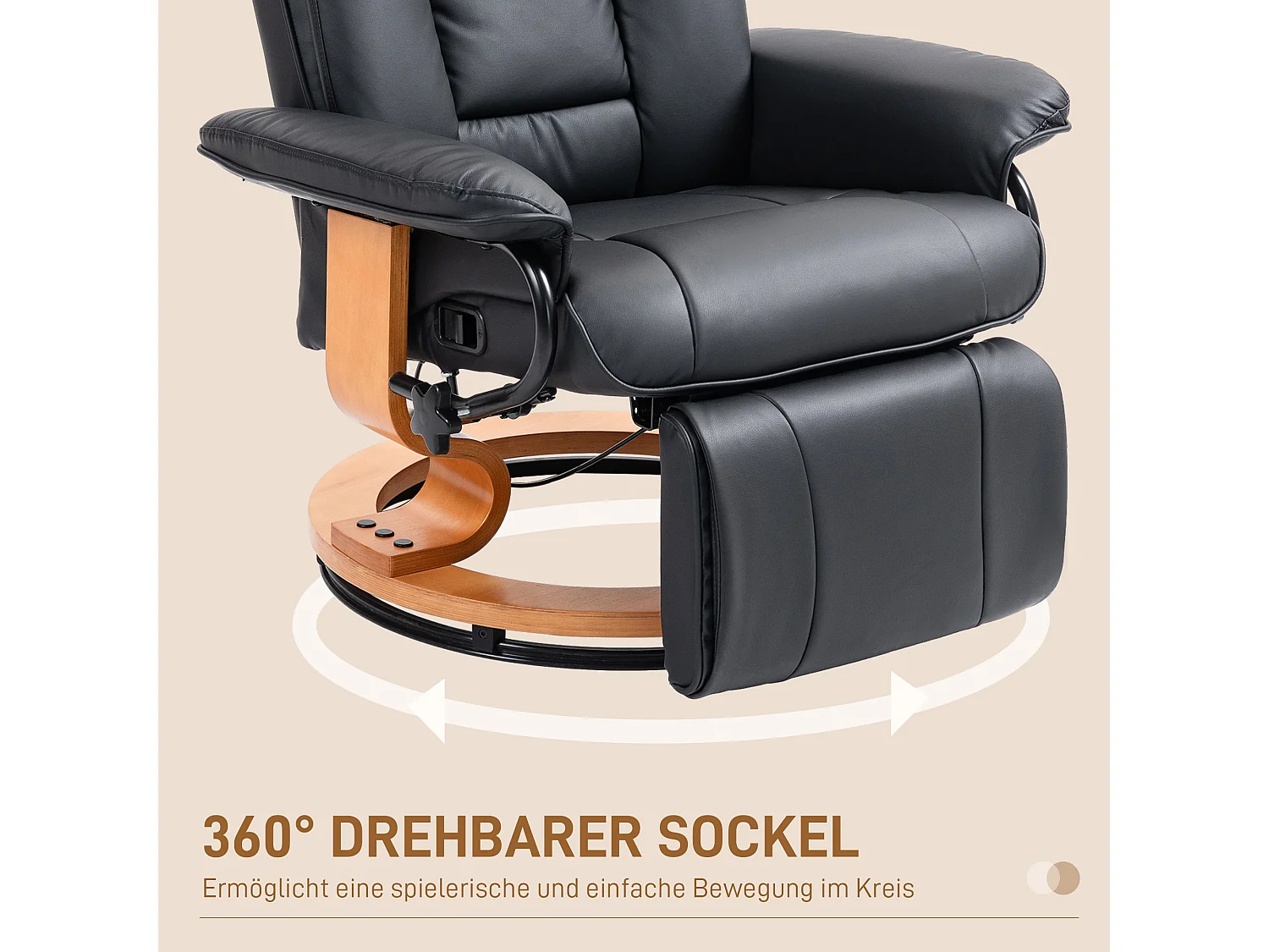 Fauteuil pivotant avec fonction inclinable, repose-pieds, cuir synthétique, noir (78x88x103 cm)