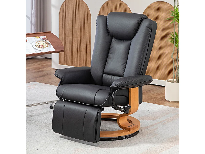 Fauteuil pivotant avec fonction inclinable, repose-pieds, cuir synthétique, noir (78x88x103 cm)