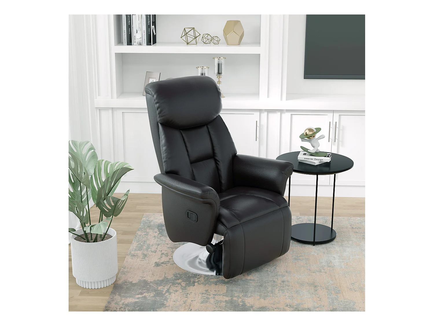 Fauteuil avec repose-pieds, Fonction manuelle réglable, Cuir synthétique, Noir (78x80x109 cm)