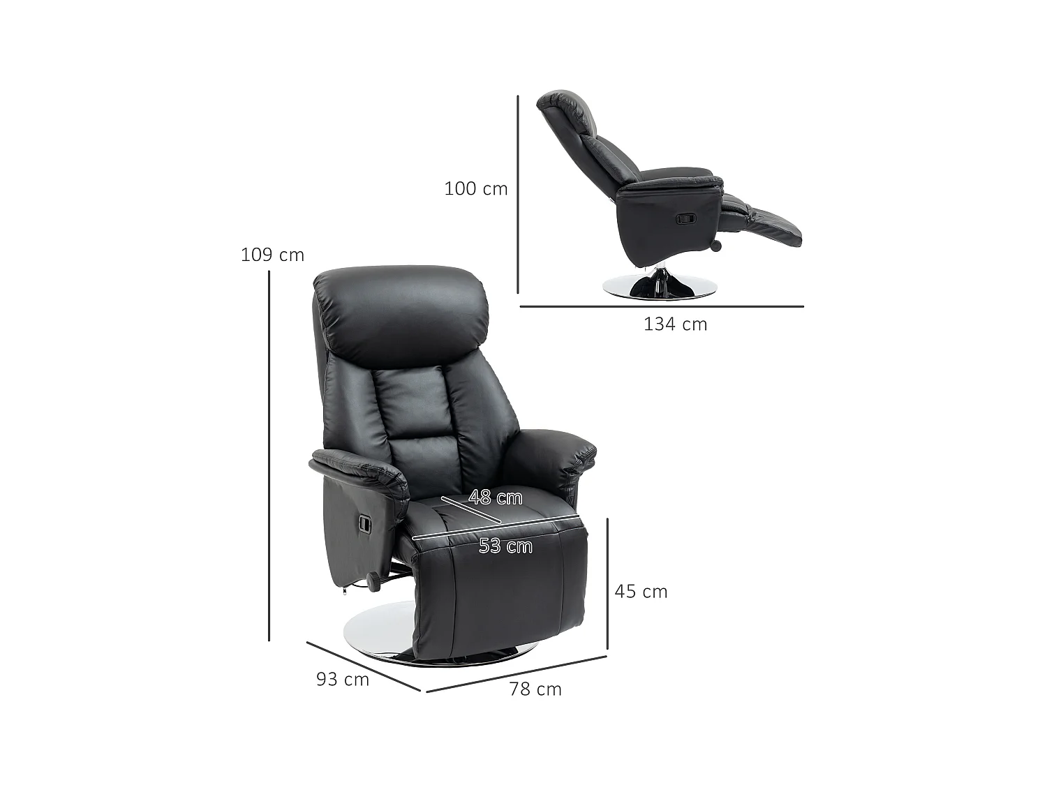 Fauteuil avec repose-pieds, Fonction manuelle réglable, Cuir synthétique, Noir (78x80x109 cm)