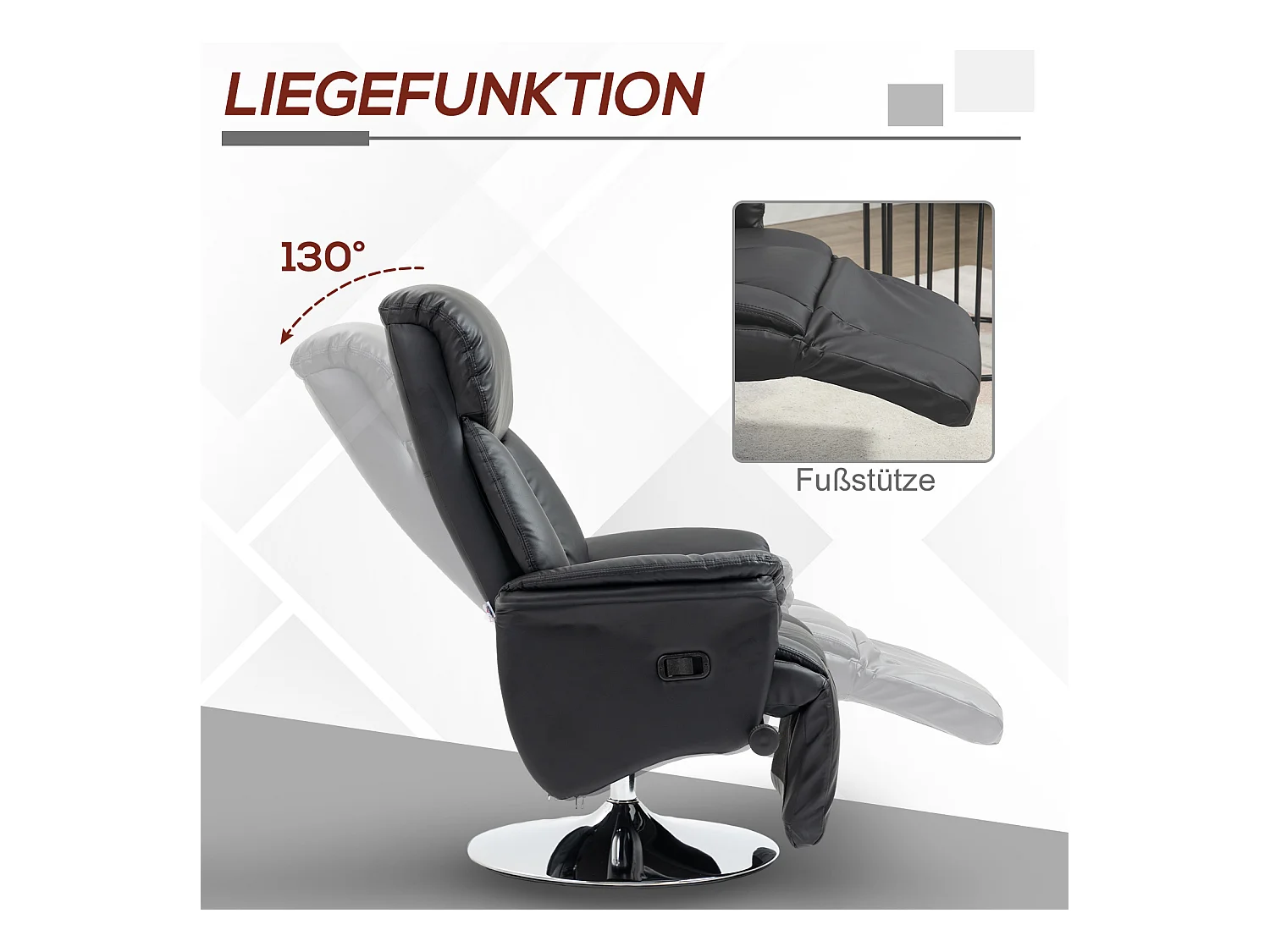 Fauteuil avec repose-pieds, Fonction manuelle réglable, Cuir synthétique, Noir (78x80x109 cm)