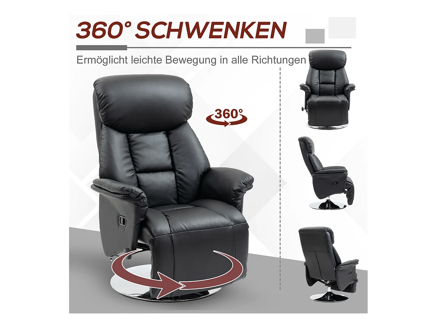 Fauteuil avec repose-pieds, Fonction manuelle réglable, Cuir synthétique, Noir (78x80x109 cm)