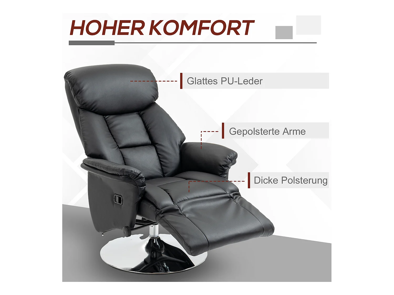 Fauteuil avec repose-pieds, Fonction manuelle réglable, Cuir synthétique, Noir (78x80x109 cm)