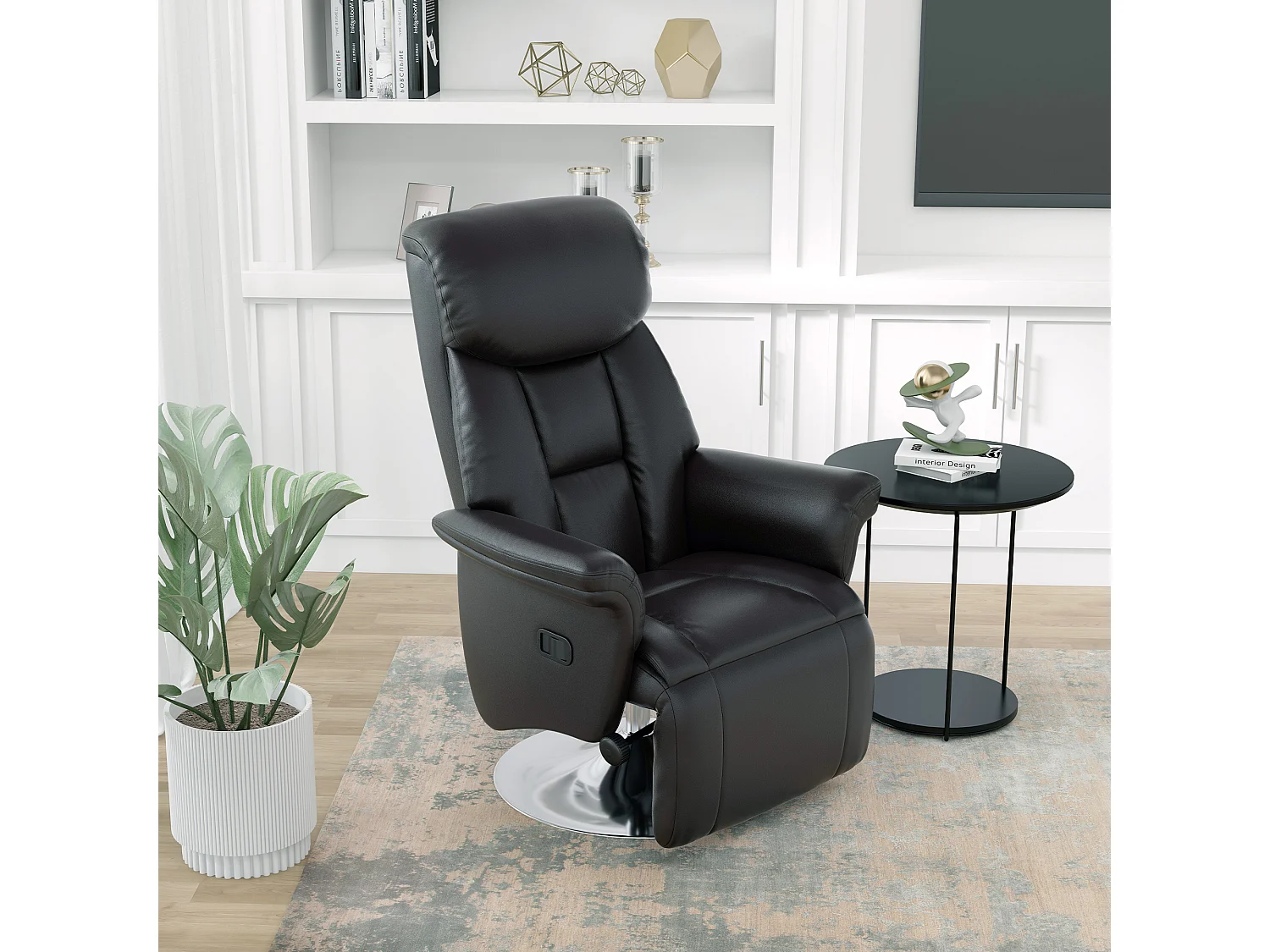 Fauteuil avec repose-pieds, Fonction manuelle réglable, Cuir synthétique, Noir (78x80x109 cm)