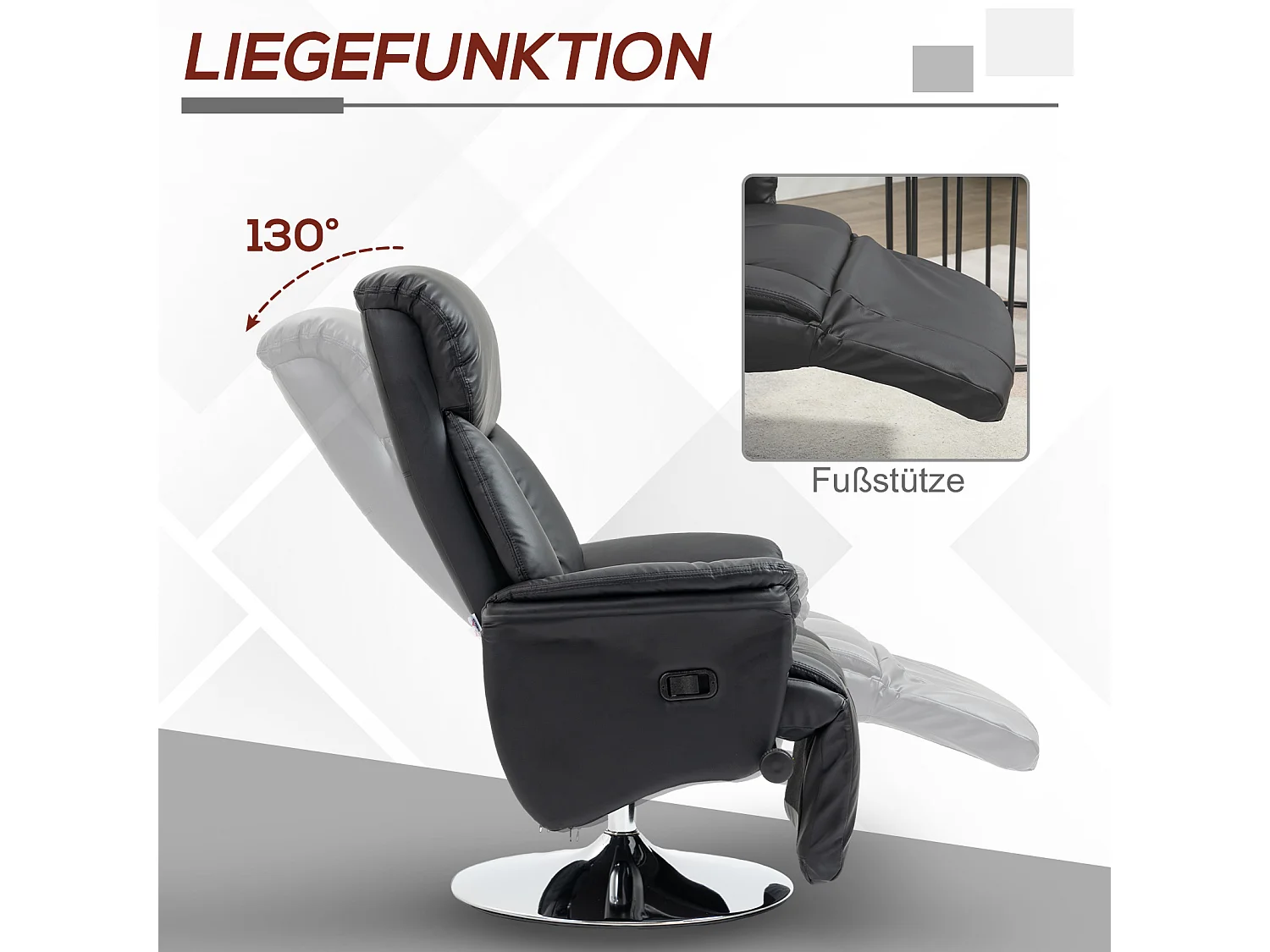 Fauteuil avec repose-pieds, Fonction manuelle réglable, Cuir synthétique, Noir (78x80x109 cm)