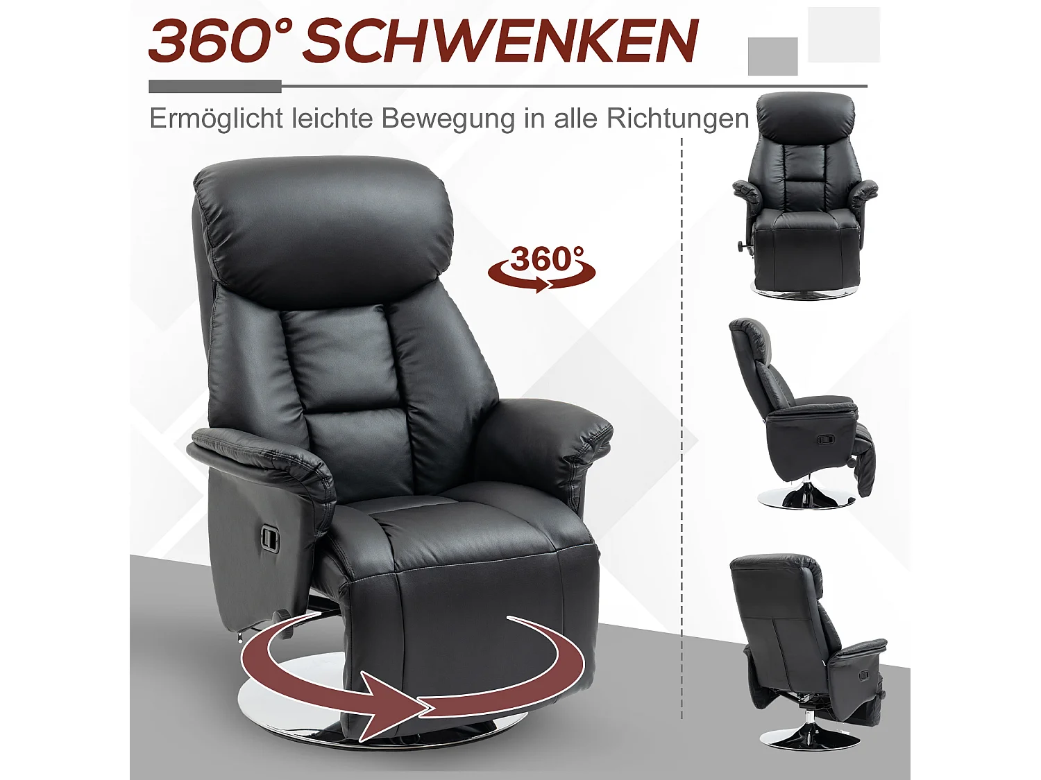 Fauteuil avec repose-pieds, Fonction manuelle réglable, Cuir synthétique, Noir (78x80x109 cm)