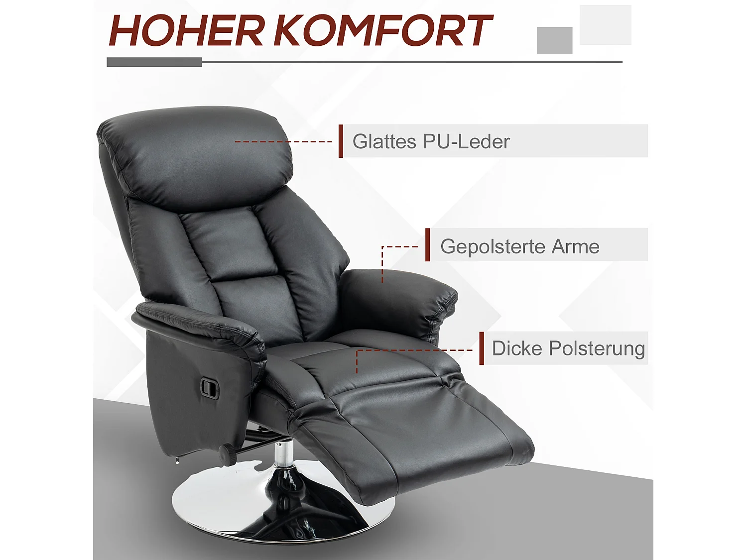 Fauteuil avec repose-pieds, Fonction manuelle réglable, Cuir synthétique, Noir (78x80x109 cm)