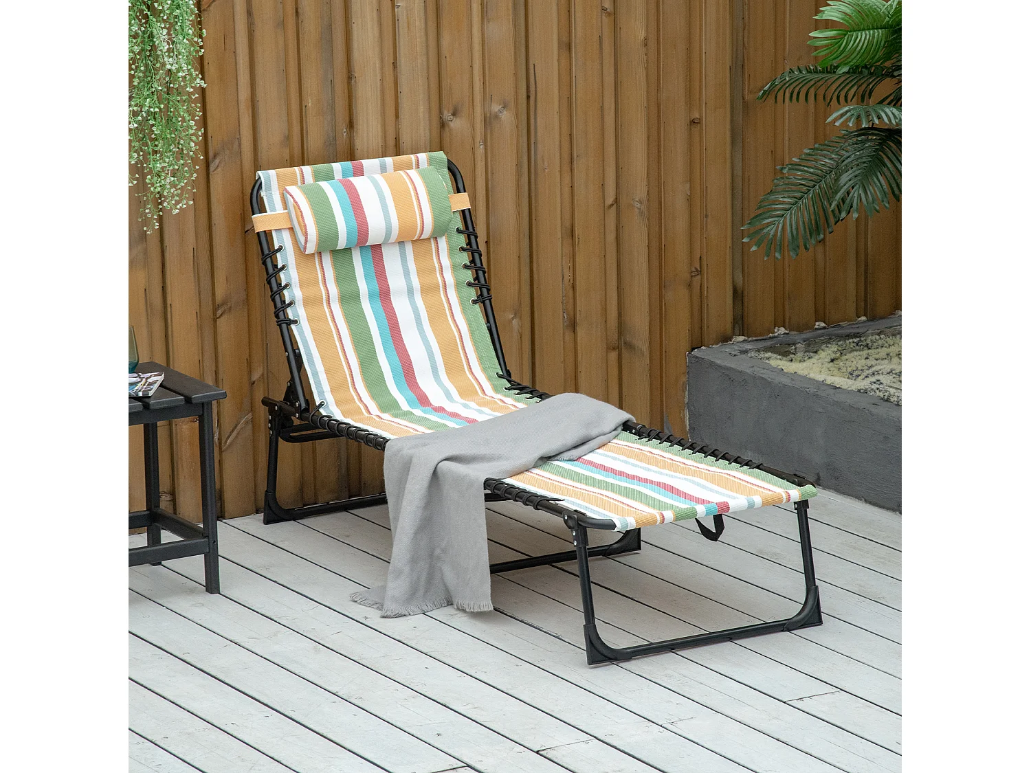 Chaise longue pliante avec dossier 4 positions, cadre acier, tissu multicolore, résistante aux intempéries (189x58x30cm)