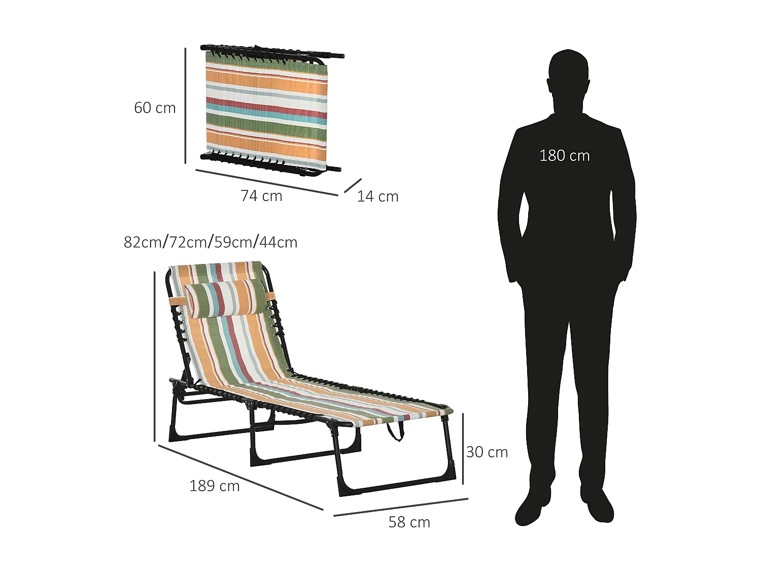 Chaise longue pliante avec dossier 4 positions, cadre acier, tissu multicolore, résistante aux intempéries (189x58x30cm)