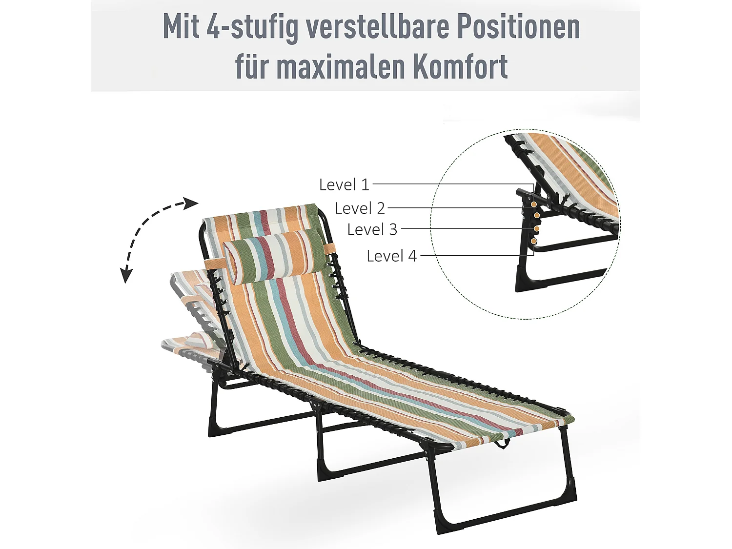 Chaise longue pliante avec dossier 4 positions, cadre acier, tissu multicolore, résistante aux intempéries (189x58x30cm)