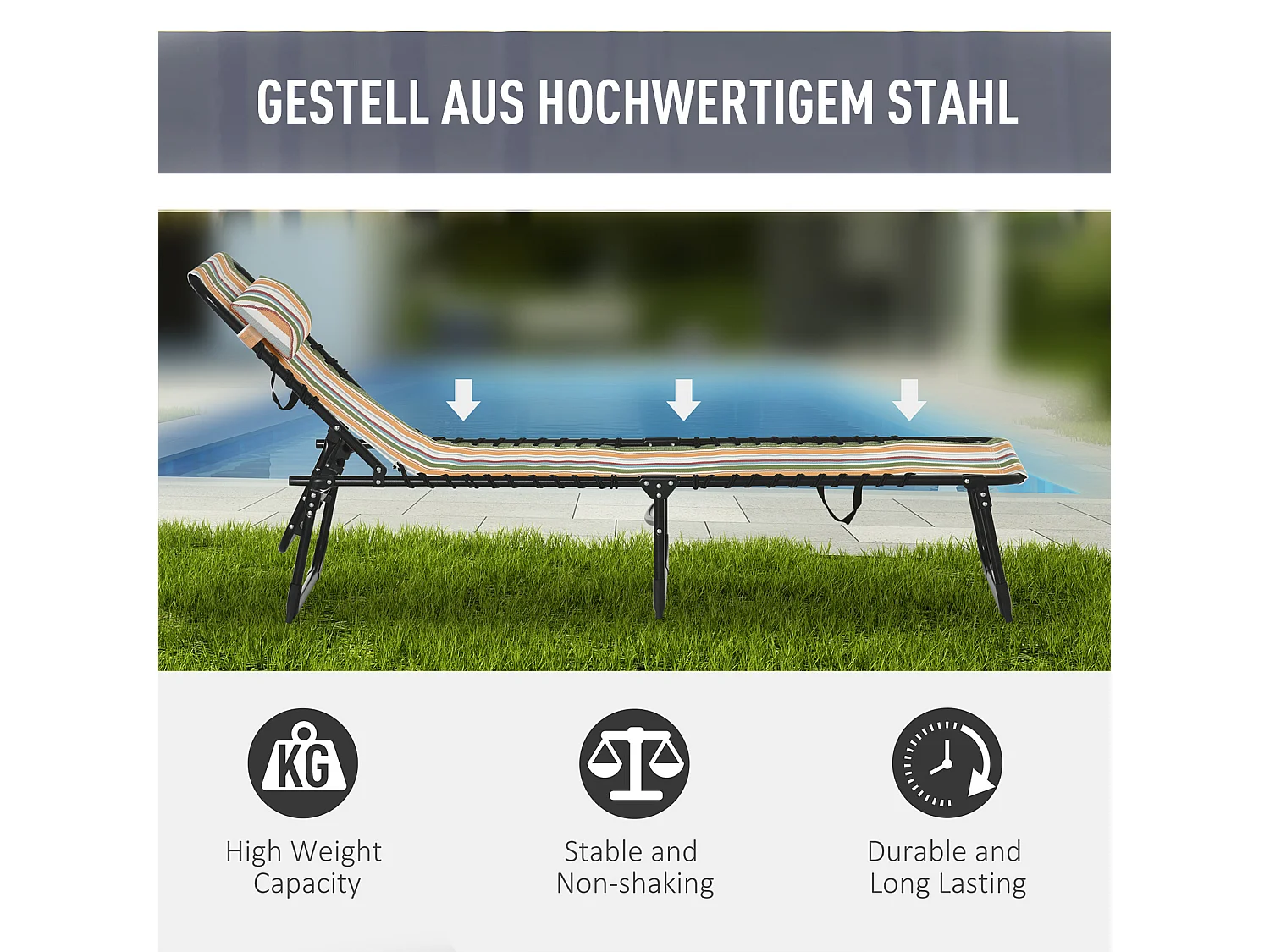 Chaise longue pliante avec dossier 4 positions, cadre acier, tissu multicolore, résistante aux intempéries (189x58x30cm)