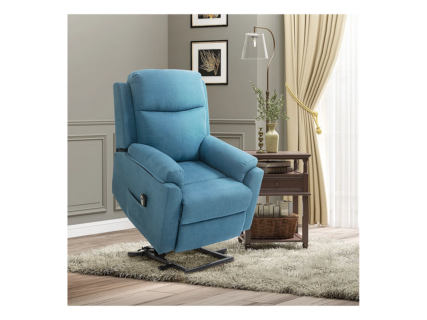Fauteuil électrique avec fonction releveur, tissu lin, bleu (83x89x102cm)